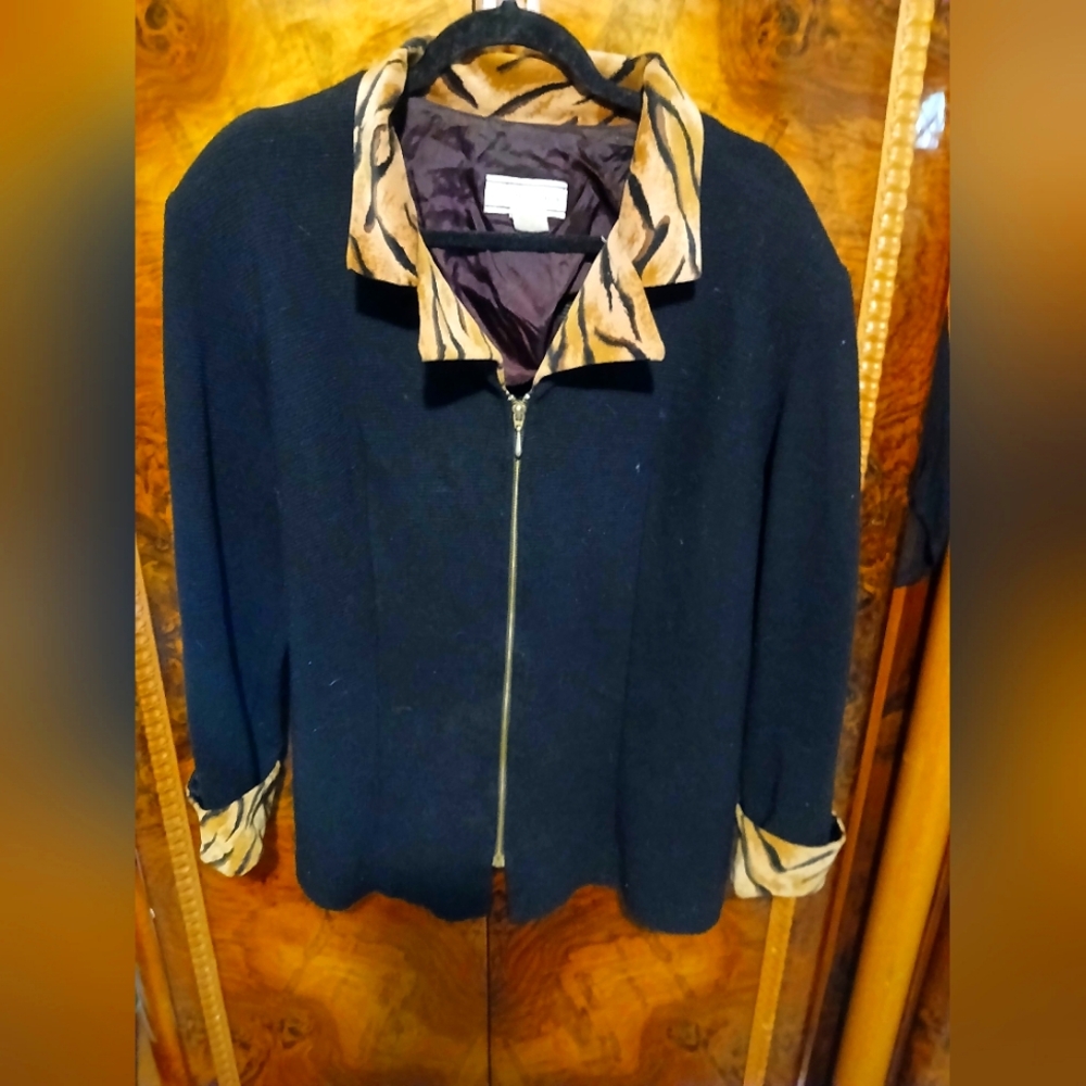 Stunning August Max Black Jacket with Animal Print Accents